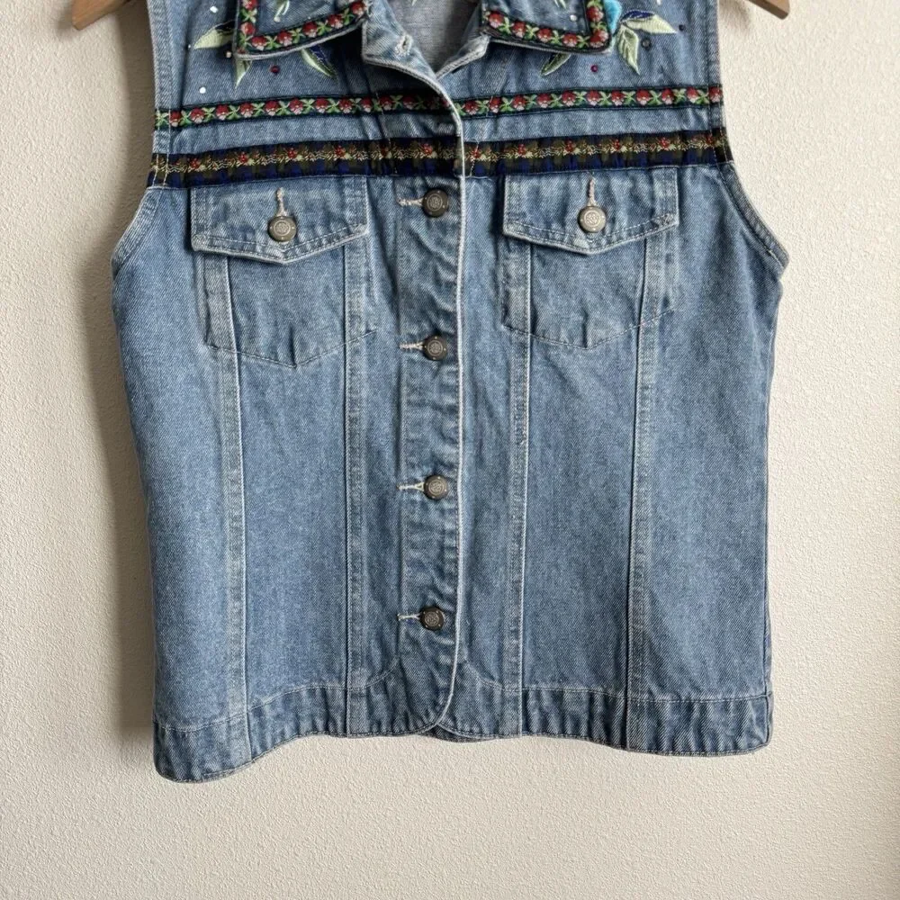 Vtg Y2K Bill Blass Vest Womens Small Blue Embroidered Festival Boho Hippie Denim